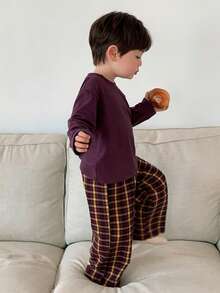 DAZY 2pcs Toddler Boys' Casual Solid Color Long Sleeve T-Shirt And Plaid Long Pants Pajama Set - Purple - View 7