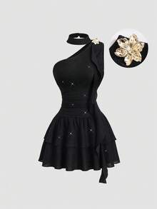 Sweetra Women's Retro Sexy Slim Fit Asymmetrical Metallic Shiny Jellyfish Flounce Versatile Comfortable Elegant Party/Date Strapless Dress - Black - View 3