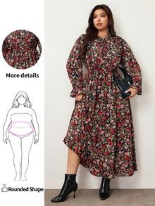 Enliva Große Größen Damen Herbst Ditsy Floral Langarm Kleid mit geraffter Taille, geeignet für Lehrerinnen - Schwarz - Übersicht 1