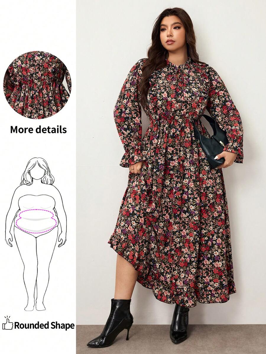 Enliva Große Größen Damen Herbst Ditsy Floral Langarm Kleid mit geraffter Taille, geeignet für Lehrerinnen - Schwarz - Übersicht 1