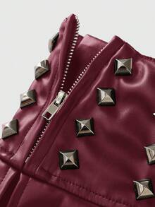 ROMWE Avant Music Festival PU Punk Rivet Decorated Ultra-Low Waist Pleated Women's Mini Skirt - Red - View 2