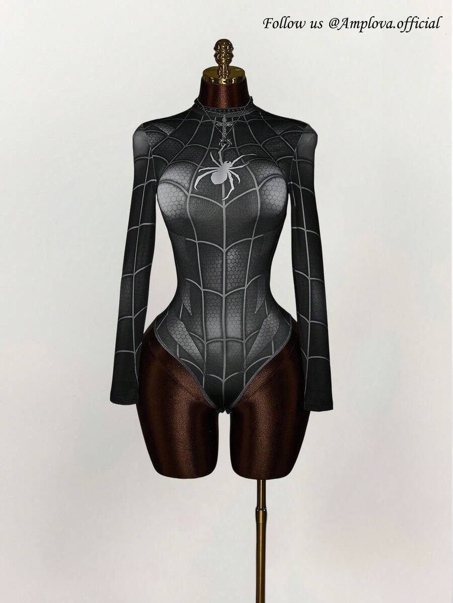 Y2K Amplova 女式蜘蛛印花长袖立领紧身衣，深色时尚风格女式紧身衣万圣节紧身衣蜘蛛网紧身衣 - 黑色 - 查看 1