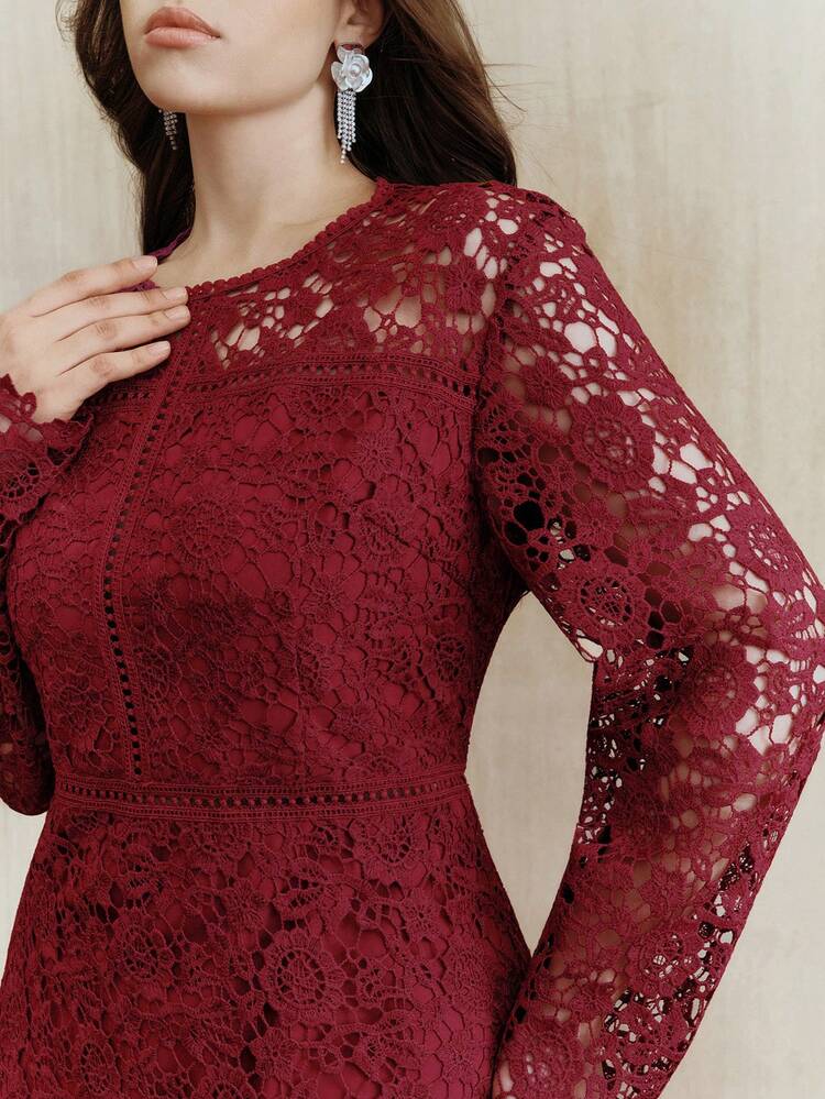 Vestido largo de manga larga con encaje calado y parches florales, elegante y apropiado para otoño, invierno, salidas, eventos formales, fiestas, Navidad, Año Nuevo, trabajo, graduación, boda, para mujeres de talla grande