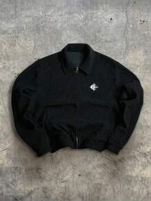 Manfinity EMRG 加大码男士休闲黑色灯芯绒夹克，街头风，朋友装，情侣装，宽松版型，男士款，印花，日系风格，男女皆宜，我爱我的女朋友