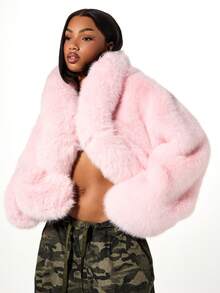 SUMWON WOMEN Faux Fur Oversized Hooded Winter Coat Fluffy Long Sleeve Outerwear Warm Jacket Fashion Statement Piece - Pink - View 6