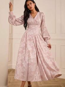 Lilora Robe mi-longue élégante à manches lanternes en jacquard pour femmes, robe Najma, robe à manches lanternes, robe longue à manches, tenue de printemps pour femmes, élégante et - Rose bonbon - Voir 8