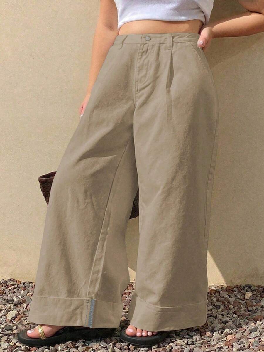 Dazy Plus Quần Jeans Denim Dài Lưng Cao Ống Thẳng Màu Trắng Rộng, Phù Hợp Với Mọi Mùa - Màu Khaki - Xem 1