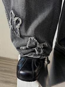 Manfinity Hypemode Manfinity Streetrush Men's Casual Street Fashionable Low Waisted Raw Edge Star Pattern Loose Wide Leg Jeans Going Out Hang Out College Vacation Street, Emo Style, Grunge - Black - View 5