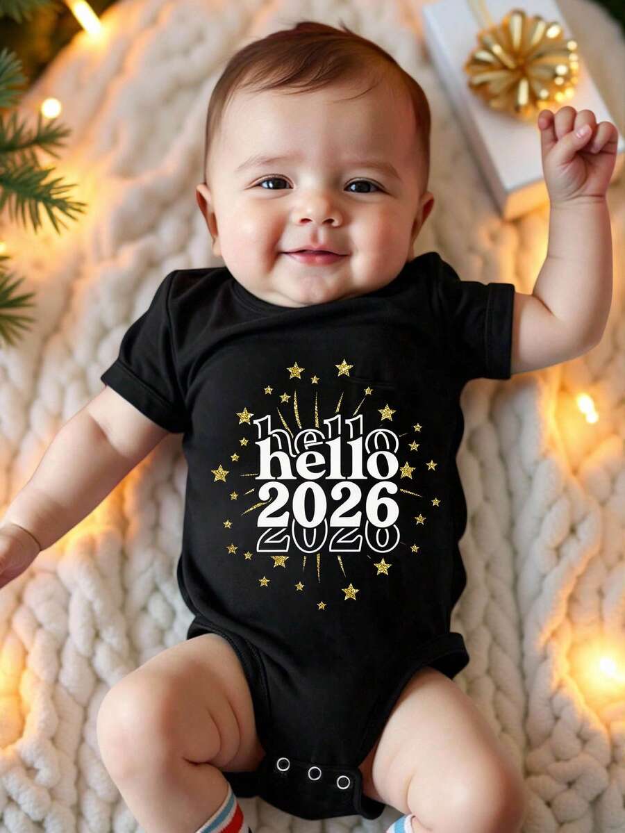 SHEIN 2026新年男婴休闲时尚创意个性化清新可爱简约丝带皇冠图案字母标语印花宽松圆领短袖连体衣,新年氛围,适合男婴 - 黑色 - 查看 1