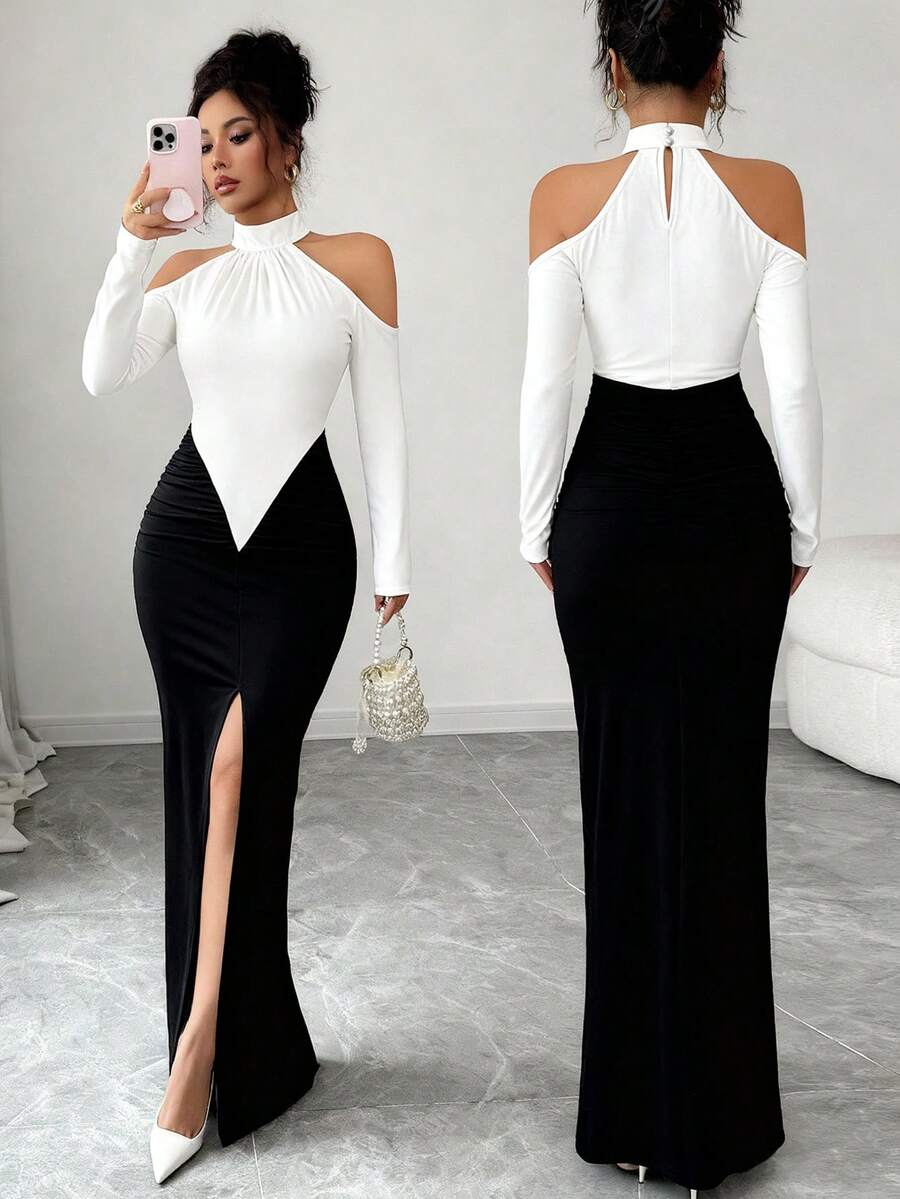 Gloray Thiết kế chắp vá khối màu đen trắng thu đông mới, xẻ cao gợi cảm, váy dài ôm sát vai xếp nếp, thanh lịch cho tiệc tùng, dạ hội, đám cưới, Halloween, Giáng sinh - màu đen - Xem 1