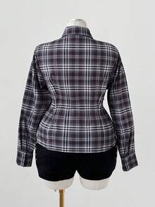Sunspun 初秋休闲格子垫肩不对称长袖女式衬衫 - 咖啡棕 - 查看 2