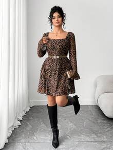 Elenzga Plus Size Women Elegant Sexy Modern Luxurious Long Sleeve Y2K Romantic Ruffle Two-Layer Abstract Leopard Print Mini Dress - Multicolor - View 7