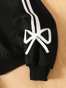 SHEIN Teen Girls' Black Patchwork White Ribbon Bow Crew Neck Casual Sweatshirt - Black - View 3