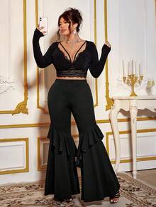 Cravure 大码复古摇滚风高腰荷叶边夸张喇叭裤 - 黑色 - 查看 9