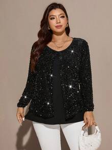 Comfylo Áo thun dự tiệc cỡ lớn 2 trong 1 họa tiết chắp vá sequin - màu đen - Xem 7