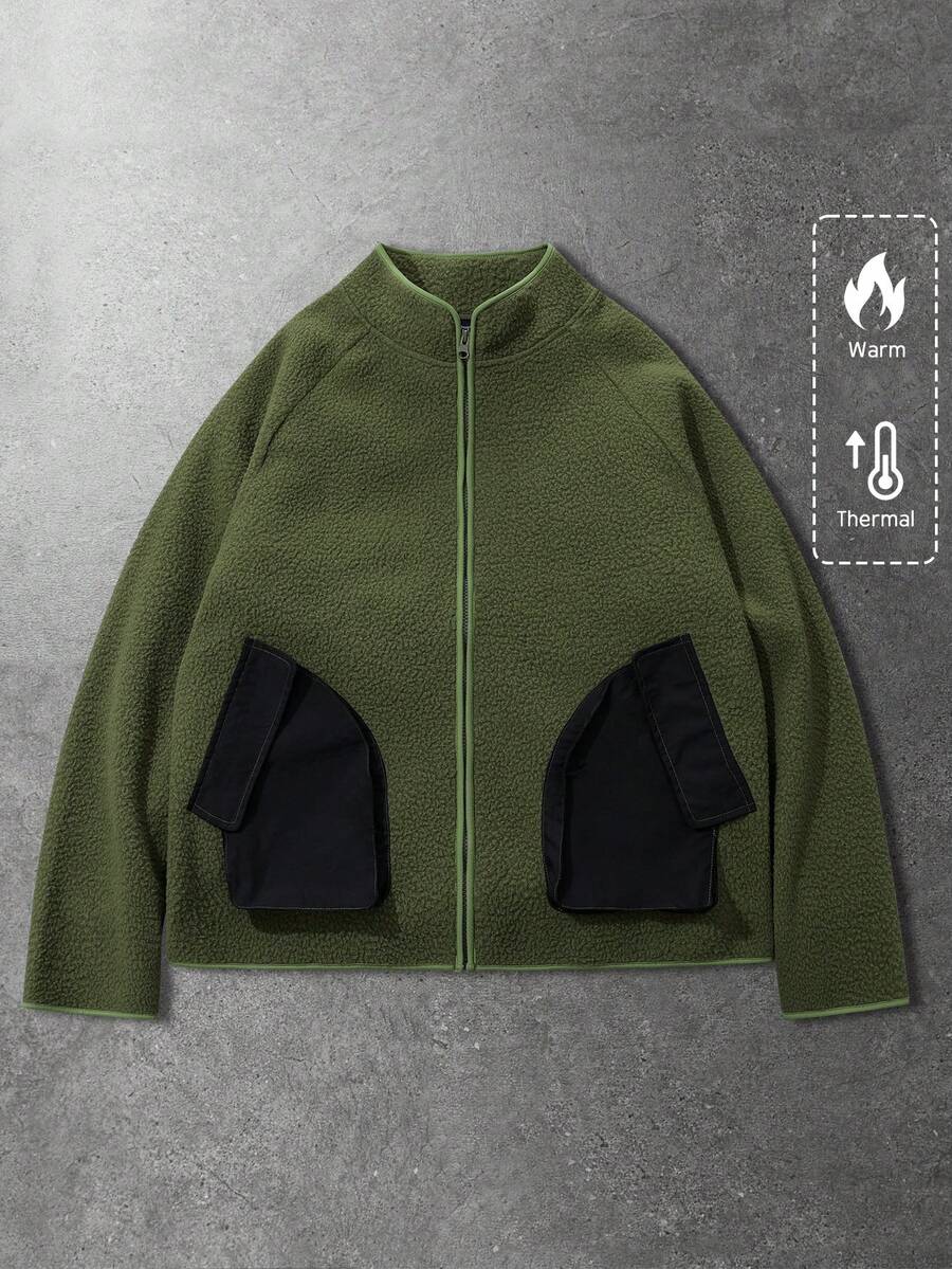 ROMWE MEN 男士休闲撞色口袋夹克，秋冬季 - 綠色 - 查看 1