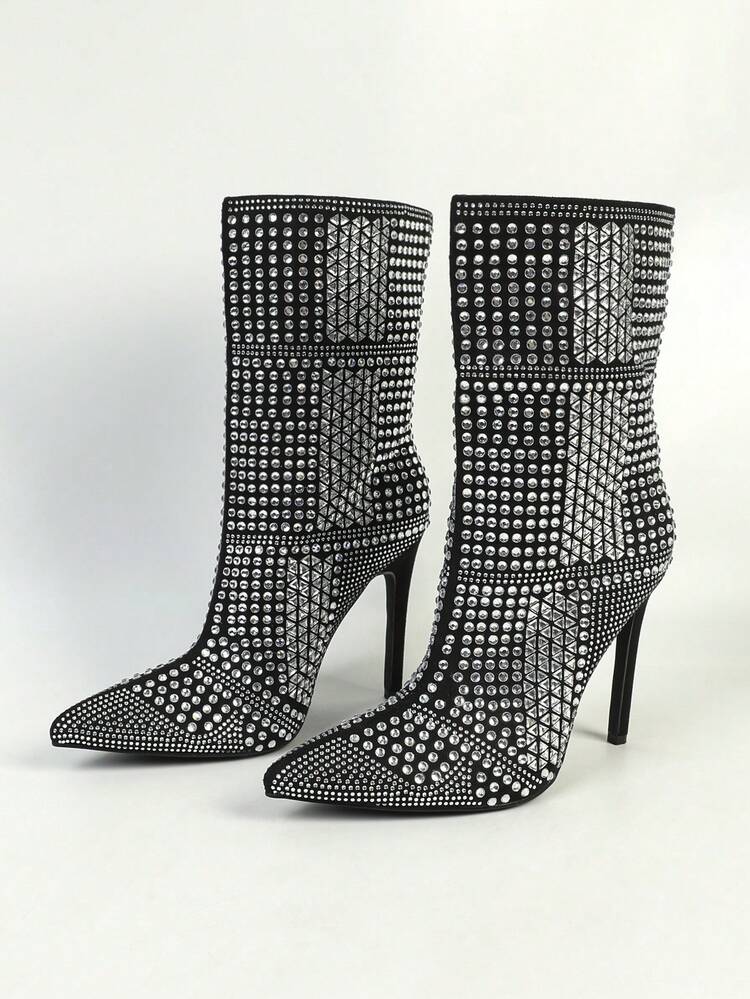Ladies' Fashionable Pointed Toe Stiletto Boots With Rhinestone Decoration, Suitable For Evening Party