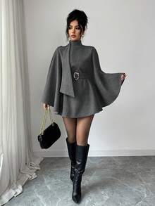 Elenzga Elegant Solid Color Cloak Overcoat For Commuting, Autumn/Winter - Dark Grey - View 4