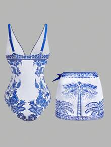 Swim Oasis 女士优雅休闲波西米亚风中式蓝白热带棕榈树花卉印花连体泳衣及沙滩罩衫套装，适合海滩度假 - 藍白色 - 查看 3