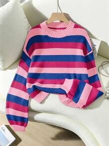 Resyla كنزة صوفية نسائية كاجوال فضفاضة مع أكمام طويلة منسدلة مخططة، ملابس خريفية وشتوية للنساء، كنزة صوفية نسائية جميلة مخططة باللون الأزرق والوردي