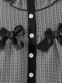 SHEIN Elladie kids Baby Girl Classic Black & White Contrast Plaid Pattern Ruffle Hem Bow Decor Dress & Hat Set - Black and White - View 7