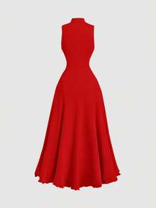 SHEIN MOD 女士纯色无袖立领连衣裙 - 紅色 - 查看 2