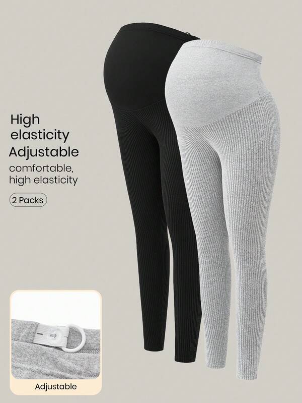 Modmama 2pcs Solid Color Basic Maternity Knitted Leggings, Casual Daily Wear