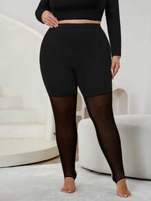 SHEIN CURVE+ Curve 大码/秋装/秋季女装/女冬装/冬装女士大码、连体丝袜、黑色大码打底裤、防滑高腿打底裤、黑色网眼贴片打底裤，适合日常休闲穿着，简约时尚，春夏装女秋装，冬季，CURVE PLUS - 黑色 - 查看 5