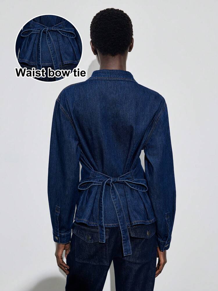 SHEIN Maija 메탈 장식과 타이백 디자인이 있는 여성 가을 긴소매 데님 탑