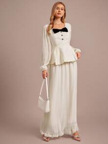 Enchnt Women's 2-Piece Set Elegant Black And White Bow Decor Lantern Sleeve Ruffle Hem Top&Midi Pleated Skirt,Autumn Wedding Guest Commuting Outfit - Apricot - View 5