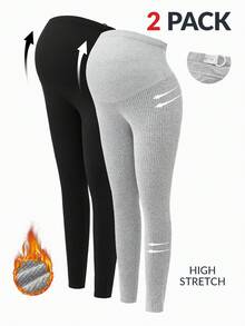 Modmama 2 件纯色基本款孕妇针织紧身裤，休闲日常穿着
