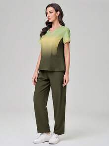 TaskEZ Conjunto de uniforme de scrubs con top de manga corta en degradado y pantalones de unicolor - Verde militar - Ver 5