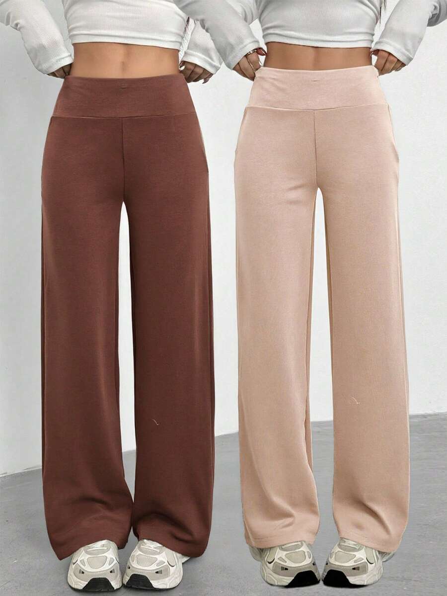 SHEIN 2件套少女休闲百搭日常上学宽松直筒运动裤,秋冬季 - 彩色 - 查看 1