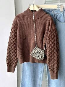 Sparklyn Tween Girl New Fashionable Versatile Simple Commuting High Neck Pullover Sweater Brown Sweater Brown Top Fall Cute Aesthetic Preppy Winter Sweater Jumper - Brown - View 1