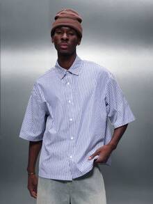 PLAYBOY X SUMWON Men Regular Fit Short Sleeve Striped Button Down Shirt With Logo Back Print Business Casual Collared Top - Navy Blue - View 2