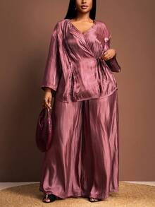 Veslaya Rosa Empoeirado, Outono, Elegante, Conjunto de Top de Manga Longa com Amarração e Calça Pantalona para Mulheres Plus Size, Conjunto de Calça Casual Solta Combinando - Marrom - Visão 8