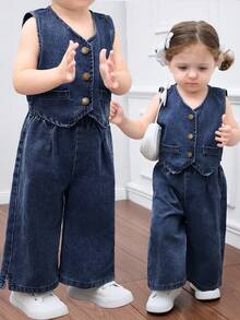 SHEIN HEIN 女童牛仔背带上衣和松紧腰裤两件套，儿童休闲度假波西米亚风家居服，毕业/派对/度假套装，秋季儿童休闲舒适装 - 深色水洗藍 - 查看 7