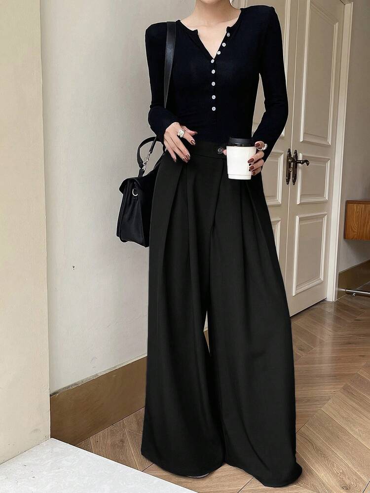 Women's Solid Color Versatile Casual Loose Pants, Korean Style, All Season