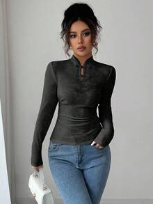 Elenzga Áo thun nữ cài nút vải jacquard trơn màu thanh lịch, mùa thu - màu đen - Xem 6