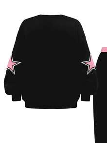 SHEIN Leap Crew Y2K 数字、字母和星星图案休闲街头服饰，嘻哈风格，少女加厚柔软宽松圆领长袖卫衣和运动裤套装，适合秋冬季日常穿着、运动和校园活动。 - 彩色 - 查看 6