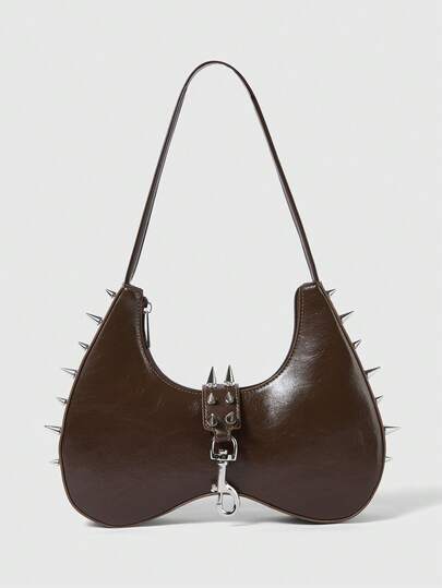 Grunge Punk Y2K Baddie Crescent Moon Goth Cross Body Shoulder Handbag For Women, Black