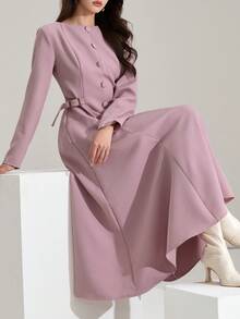 Heiryn Đầm dài cài nút màu trơn thanh lịch dành cho nữ - Màu Đỏ Sâu - Xem 1