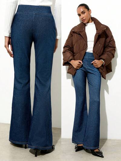 SHEIN Maija Damskie niebieskie, termiczne jeansy z wysokim stanem i dopasowanymi rozszerzanymi nogawkami, wykonane z wygodnej i elastycznej tkaniny, idealne na zimę.