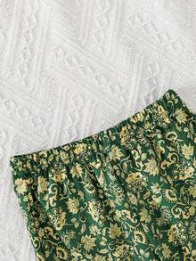 SHEIN 女婴时尚梭织上衣和喇叭裤套装 - 墨綠色 - 查看 6