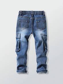 SHEIN Explorewe Young Boy Vintage Street Style Distressed Ripped Multi-Pocket Stretchy Fitted Denim Cargo Pants - Dark Wash - View 2