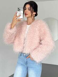 Firerie Abrigo corto de manga larga con cierre de gancho frontal en cuello en V de color rosa para mujer, forrado, abrigo exterior rosa romántico y glamoroso, abrigo de pelo suave, apto para boda, fiesta, vacaciones, primavera, otoño e invierno, elegante, para ir al trabajo, citas, fiestas, graduación, actuaciones, conciertos y galas anuales - Rosa Pálido - Ver 1