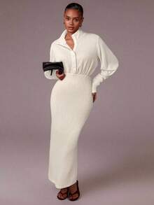 Athîral Women's Elegant Solid Color Dress With Stand Collar - White - View 4