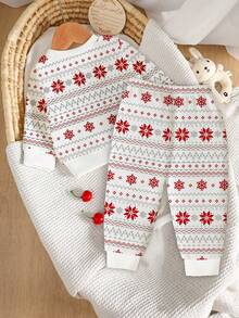 2件套男婴圣诞老人雪花数码印花休闲红白撞色圆领卫衣和裤子套装，适合秋冬春季日常休闲穿着 - 彩色 - 查看 2