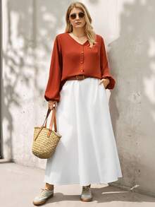 Rosumi 大码女装秋冬度假街头风V领长袖纽扣装饰纯色橙色上衣，秋冬季，外出，2025新款，简约时尚，适合日常穿着，冬季，圣诞节，新年，感恩节 - 亮橙色 - 查看 1