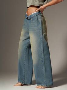 Denimoi 女士翻折腰袋阔腿宽松休闲牛仔裤 - 中等水洗藍 - 查看 4